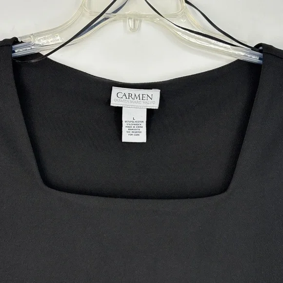 Carmen Marc Valvo Womens Large Fitted Knit Top Black Square Neck Short Sleeves - Picture 2 of 6